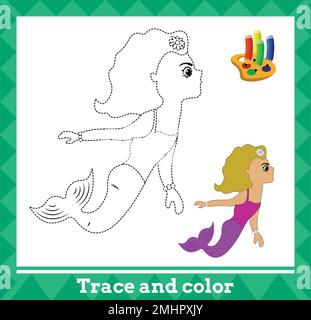 Tracé et couleur pour enfants, illustration vectorielle de sirène. Illustration de Vecteur