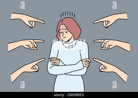 Une jeune femme en détresse se trouve entourée de nombreux doigts pointant. Les femmes mécontentes ressentent l'intimidation et le harcèlement dans la société. Illustration vectorielle. Illustration de Vecteur