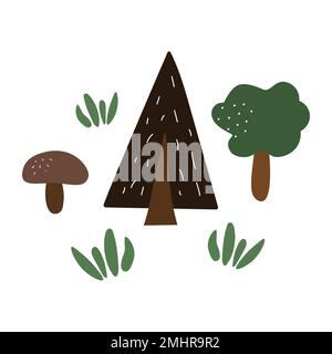 En été, vous pourrez vous démêler aux arbres de la forêt de style scandinave. Sapin de Noël, champignon à motif plat. Illustration de Vecteur