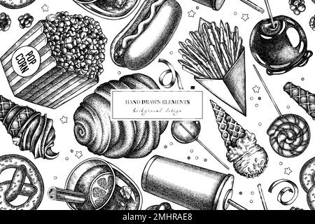 Motif de fond sans couture Carnival Food. Style gravé. Frites dessinées à la main, bretzel, pop-corn, limonade, hot dog, vin chaud, caramel Illustration de Vecteur