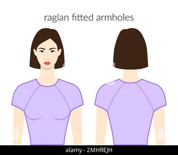 Raglan emmanchures cintrées manches vêtements - robes, hauts, chemises illustration technique de la mode avec corps ajusté. Modèle de vêtements plats à l'avant et à l'arrière. Femmes, hommes unisex CAD maquette Illustration de Vecteur