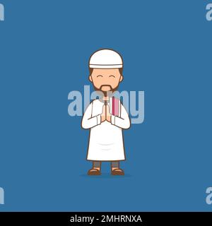 L'illustration du personnage de dessin animé religieux musulman dans Désolé et les excuses posent pour le salut de Ramadan eid moubarak Illustration de Vecteur