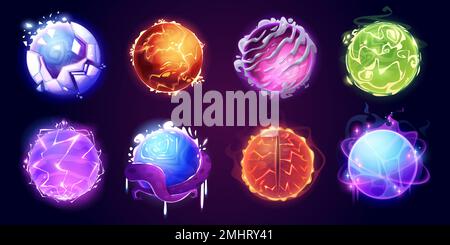 Boules magiques, sphères de cristal et orbes d'énergie avec lueur, éclairs, feu et étincelles. Fantasy globes brillants pour magicien, fortune teller ou sorcellerie, illustration de dessin animé vectoriel Illustration de Vecteur