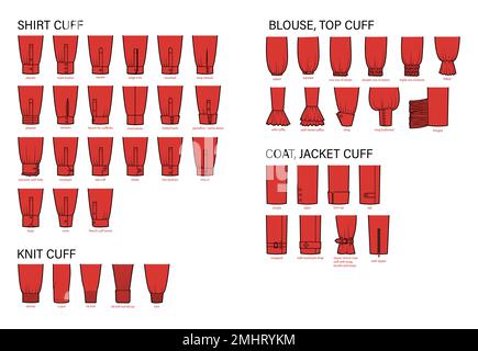 Ensemble de manchettes à manches types de vêtements - chemise, tricot, manteau, veste, haut, chemisier illustration technique de la mode. Modèle de gros plan pour vêtements plats sur les côtés arrière. Femmes, hommes unisex CAD maquette Illustration de Vecteur