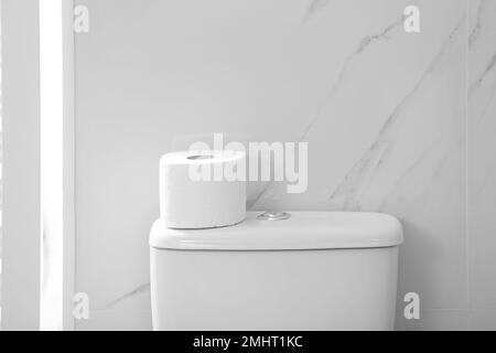 Rouleau de papier sur le réservoir de cuvette de toilette dans la salle de bains Banque D'Images