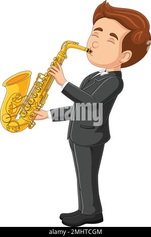 Petit garçon de dessin animé jouant un saxophone Illustration de Vecteur