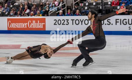 San Jose, États-Unis. 26th janvier 2023. Emily Chan et Spencer Howe ont obtenu le deuxième score dans le programme de courts binômes avec un score de 66,86 au championnat de patinage artistique Toyota US 2023 à San Jose, Californie sur 26 janvier 2023 (photo de Jeff Wong/Sipa USA). Credit: SIPA USA/Alay Live News Banque D'Images