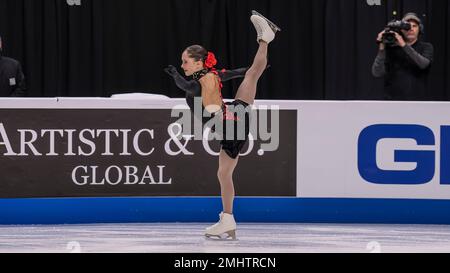 San Jose, États-Unis. 26th janvier 2023. Isabeau Levito s'est classée première dans le programme court pour les femmes au championnat de patinage artistique américain Toyota 2023 à San José, Californie sur 26 janvier 2023 (photo de Jeff Wong/Sipa USA). Credit: SIPA USA/Alay Live News Banque D'Images