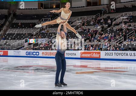 San Jose, États-Unis. 26th janvier 2023. Ellie Kim et Danny O'Shea se sont classés troisième dans le programme de courts-binômes avec une note de 65,75 au championnat de patinage artistique Toyota US 2023 à San Jose, Californie sur 26 janvier 2023 (photo de Jeff Wong/Sipa USA). Credit: SIPA USA/Alay Live News Banque D'Images