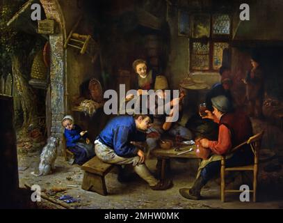 Paysans à an Inn 1662, Adriaen van Ostade (1610–1685) pays-Bas, Hollandais, Hollande, dans une auberge désordonnée, trois hommes sont assis à une table. L'un d'eux se penche vers l'avant pour éclairer son tuyau, tandis que l'homme en face lève son verre et un troisième homme règle son violon Banque D'Images