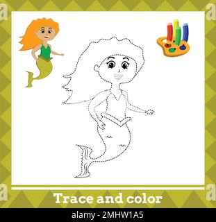 Tracé et couleur pour enfants, illustration vectorielle de sirène. Illustration de Vecteur