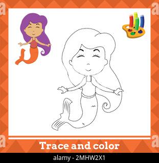 Tracé et couleur pour enfants, illustration vectorielle de sirène. Illustration de Vecteur