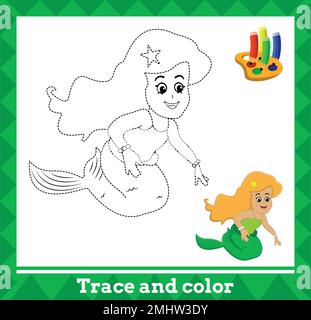 Tracé et couleur pour enfants, illustration vectorielle de sirène. Illustration de Vecteur