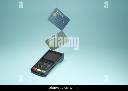 Machine de paiement par carte et cartes de crédit sur fond cyan. Illustration du concept de paiement anticipé et de dette Banque D'Images