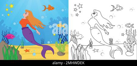 Page de coloriage de la sirène de dessin animé page d'activité pour enfants avec illustration vectorielle de dessin au trait Illustration de Vecteur