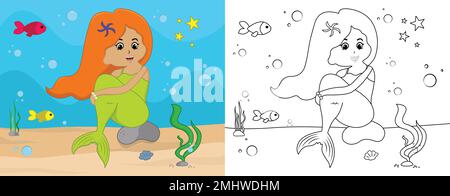 Page de coloriage de la sirène de dessin animé page d'activité pour enfants avec illustration vectorielle de dessin au trait Illustration de Vecteur