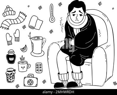 La maladie et le froid. Malade mécontent gars enveloppé dans une couverture assis dans la chaise et des tremblements. Près des pilules, foulard, confiture et bouilloire chaude. Vecteur de collecte isolé l Illustration de Vecteur