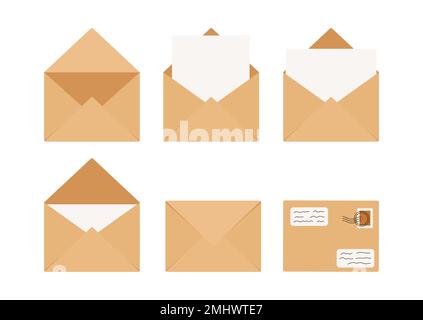 Enveloppes artisanales avec lettre fermée, ouverte, avec collection d'œuvres d'art à clip vectoriel de timbre-poste. Illustration de Vecteur