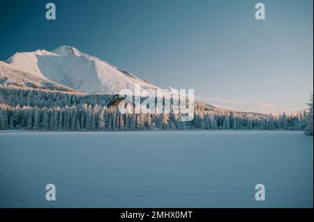 Lac Strbske Pleso entouré par la grandeur des Hautes Tatras, baigné dans la lumière d'une nouvelle journée. Banque D'Images
