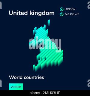 Carte du Royaume-Uni 3D. Carte isométrique stylisée à rayures fluo de couleur verte et menthe sur fond bleu foncé Illustration de Vecteur