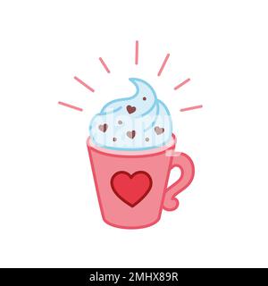 Jolie boisson chaude à base de crème fouettée dans une tasse rose avec coeur. Boisson chaude de saison avec crème fouettée et saupoudrer. Carte de voeux pour la Saint-Valentin vec Illustration de Vecteur