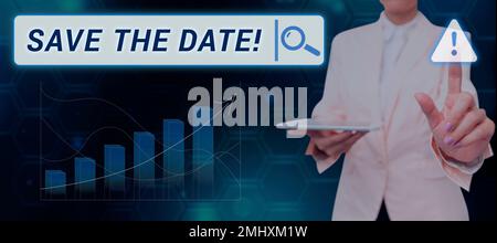 Ecriture du texte affiché Enregistrer la date. Présentation d'entreprise se souvenir du calendrier Marquer l'invitation au calendrier Banque D'Images