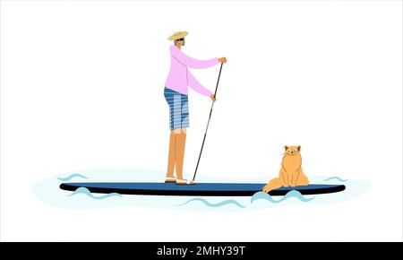 Femme senior debout à bord du sup et le chat comme passager. Histoire de paddle-board à personnages simples de dessin animé. Illustration de Vecteur