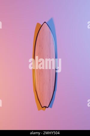 Planche de surf avec lumière bleue et orange sur fond rose, rendu 3D Banque D'Images