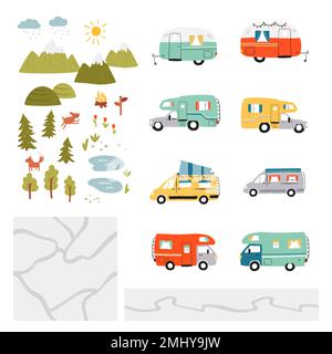 Éléments de voyage sur route, camping-cars, vanlife, aventure, cartes routières fluides, montagnes et forêt. Illustration de Vecteur