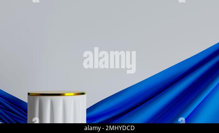 podium de présentation des produits 3d isolé dans un environnement de rendu 3d, podium de présentation des produits moderne avec tissu bleu et doré Banque D'Images