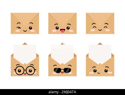 Jolies enveloppes kraft avec lettre Happy characters vector clip art collection. Illustration de Vecteur