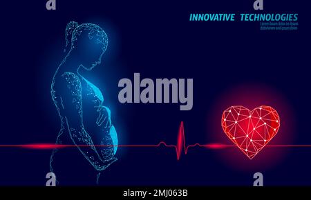 Femme enceinte avec symbole de battement de coeur. Cardiotographie CTG médecine prénaale centre clinique concept d'affiche. Illustration du vecteur numérique à faible teneur en poly de 3D Illustration de Vecteur