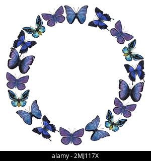 Cadre bleu violet papillons. Forme d'un cercle. Illustration aquarelle dessinée à la main isolée sur fond blanc. Peut être utilisé pour la carte, l'affiche, le bâton Banque D'Images