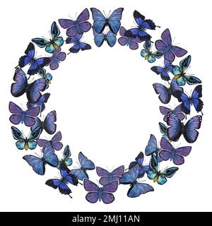 Cadre bleu violet papillons. Forme d'un cercle. Illustration aquarelle dessinée à la main isolée sur fond blanc. Peut être utilisé pour la carte, l'affiche. Banque D'Images
