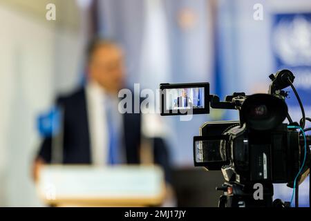 Nicosie, Chypre. 27th janvier 2023. Le ministre de la Santé, Michalis Hadjipantela, prend la parole au cours de l'événement, à Nicosie (Chypre), le 27 janvier 2023. La signature d'un accord entre le ministère de la Santé, représenté par le ministre de la Santé, M. Michalis Hadjipantela, Et l'Organisation mondiale de la santé, représentée par le Directeur régional DE L'OMS, Dr. Hans Henri P. Kluge, pour l'ouverture d'un bureau de pays à Larnaka, a lieu aujourd'hui au Ministère de la Santé. (Photo de Kostas Pikoulas/Sipa USA) crédit: SIPA USA/Alay Live News Banque D'Images