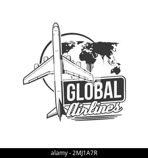 Icône Global Airlines. Industrie du transport de passagers et de marchandises en avion, étiquette monochrome de compagnie aérienne, emblème rétro vectoriel ou icône avec avion de ligne aérienne volant, silhouette de carte du monde Illustration de Vecteur