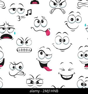 Le dessin animé fait face à un motif sans couture. Expressions drôles du visage, colère et sourire, sifflement, émotiji idiot visages vecteur fond, tissu ou tissu caricature imprimé ou papier d'emballage toile de fond comique Illustration de Vecteur