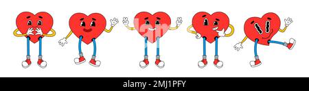 Personnages amusants de dessin animé coeurs. Ensemble d'autocollants, de patchs et de épingles de bande dessinée. Illustration vectorielle dans un style de dessin animé rétro tendance. Illustration de Vecteur