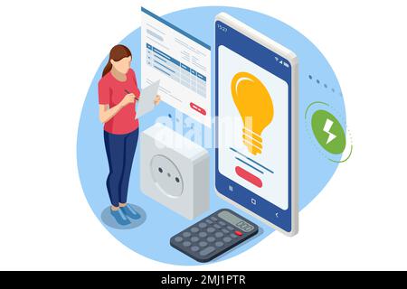 Facture isométrique, paiement de l'électricité. Concept de factures d'électricité et d'économies de ressources. Dépenses de consommation d'électricité. Les gens qui paient l'utilité, et Illustration de Vecteur