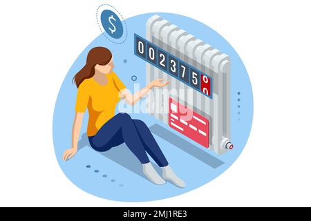 Facture isométrique, paiement de l'énergie thermique. Concept de factures d'électricité et d'économies de ressources. Paiement des factures de services publics. Frais de consommation d'énergie thermique Illustration de Vecteur