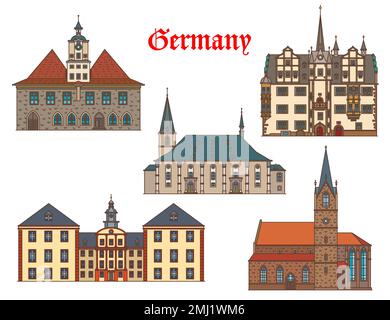 Allemagne bâtiments architecture de la ville de Jena, Erfurt et Saalfeld, vecteur Voyage points de repère. Les églises allemandes de Thuringe, l'Herderkirche de Weimar de St Pierre et Paul, Kaufmannskirche et le palais Saalfeld Illustration de Vecteur