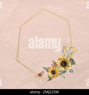 Cadre floral avec tournesol aquarelle et papillon sur fond rose Illustration de Vecteur