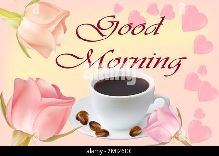 Une tasse de café avec des grains de café sur fond de roses et de coeurs. Carte de vœux avec l'inscription Bonjour. Image vectorielle. Illustration de Vecteur