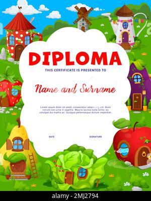 Diplôme pour enfants. Maisons et habitations de contes de fées de dessins animés. Diplôme d'appréciation pour enfants, certificat de vecteur gagnant de concours pour enfants avec des maisons de créature fée en théière, poire, chou et pomme, aubergine Illustration de Vecteur