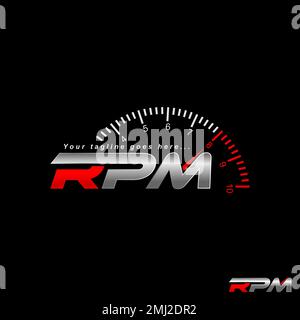 Lettre ou mot unique RPM italique police avec image indicateur de vitesse graphique icône logo design abstrait concept vecteur stock sportcar ou atelier Illustration de Vecteur