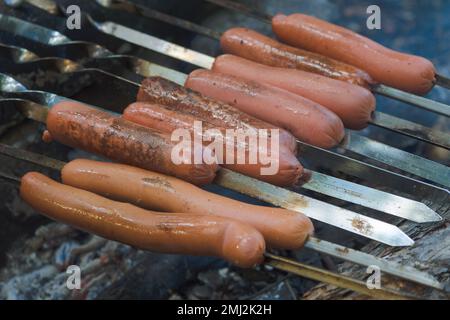 Les saucisses sont frites sur des brochettes sur des plats à base de charbon sur le gril. Préparer la nourriture pour un pique-nique. Banque D'Images