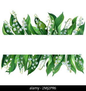 Cadre horizontal aquarelle de nénuphars de la vallée, fleurs blanches et feuilles vertes isolées. Botanique Illustration de la première fleur de printemps Banque D'Images