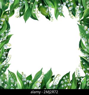 Cadre carré aquarelle de nénuphars de la vallée, fleurs blanches et feuilles vertes isolées. Botanique Illustration de la première fleur de printemps dans le style naturel. Banque D'Images