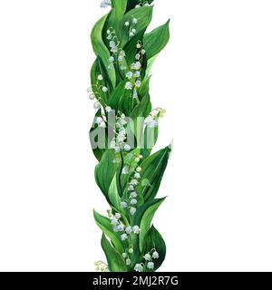Aquarelle bordure verticale sans couture du nénuphars de la vallée, fleurs blanches et feuilles isolées. Botanique Illustration de la première fleur de printemps dans la nature Banque D'Images