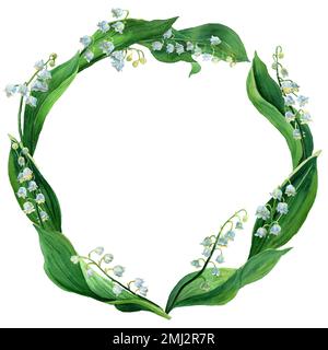 Couronne d'aquarelle de lys de la vallée, fleurs blanches et feuilles vertes isolées. Cadre botanique Illustration de la première fleur de printemps dans le style naturel. Banque D'Images